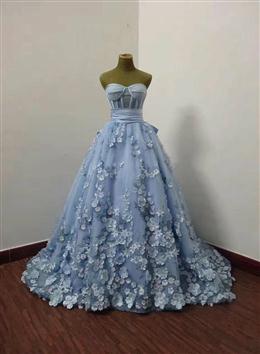 Picture of Pretty Blue Flower Lace Sweetheart Long Party Dresses, Blue Evening Dresses Prom Dress